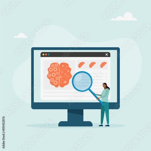 Neuroscience and brain research concept. The human brain and psychology. A character examines a head tomography scan on the screen. Vector illustration.	