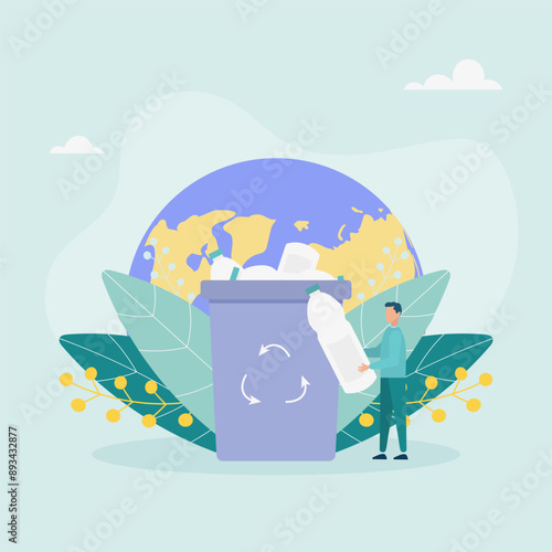 The character sorts garbage into containers for recycling and reuse. Garbage recycling. Zero waste concept. Vector illustration.	