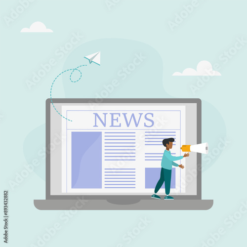 Last news. A character reads news online using a laptop or newspaper.  Vector illustration.
