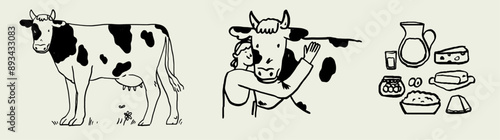 Woman with milk cow collection. Livestock domestic animal with farm worker on ranch. Farmer milker and cattle set. Support local farmers vector illustration in charcoal, ink or crayon hand drawn style