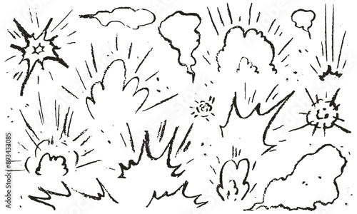 Cartoon charcoal doodle style explosion set. Hand drawn comic boom bang drawing in naive outline style with wax crayon, brush stroke sound effect. Vector illustration of dust explosion clouds.