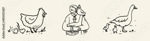 Elderly farmer feeding hen and goose concept. Granny with chicken and basket with eggs. Countryside agriculture, farmer eco products. Charcoal ink chalk crayon vector illustration. Eat local concept.