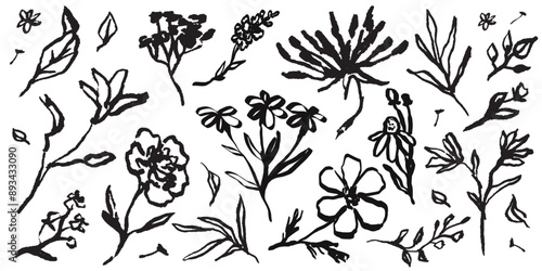Tattoo flower collection. Contemporary abstract minimal art in charcoal or crayon drawing style botanic plant vector illustration. Ink hand drawn wild flowers set. Pencil drawn floral elements.