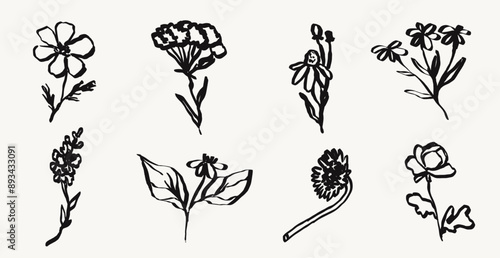 Tattoo flower collection. Contemporary abstract minimal art in charcoal or crayon drawing style botanic plant vector illustration. Ink hand drawn flowers set. Pencil drawn floral elements.