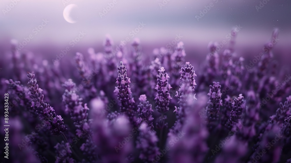 Naklejka premium Captivating image of a lavender field at dusk with delicate flowers highlighted by soft moonlight, exuding tranquility and the calmness of nature's beauty.