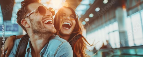 Smiling couple enjoying time at an airport terminal.