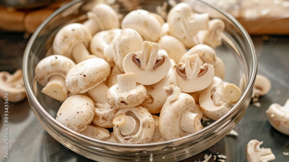 a bowl of white mushrooms unsliced, ready to be cleaned. champignon a bowl of white mushrooms unsliced, ready to be cleaned. champignon