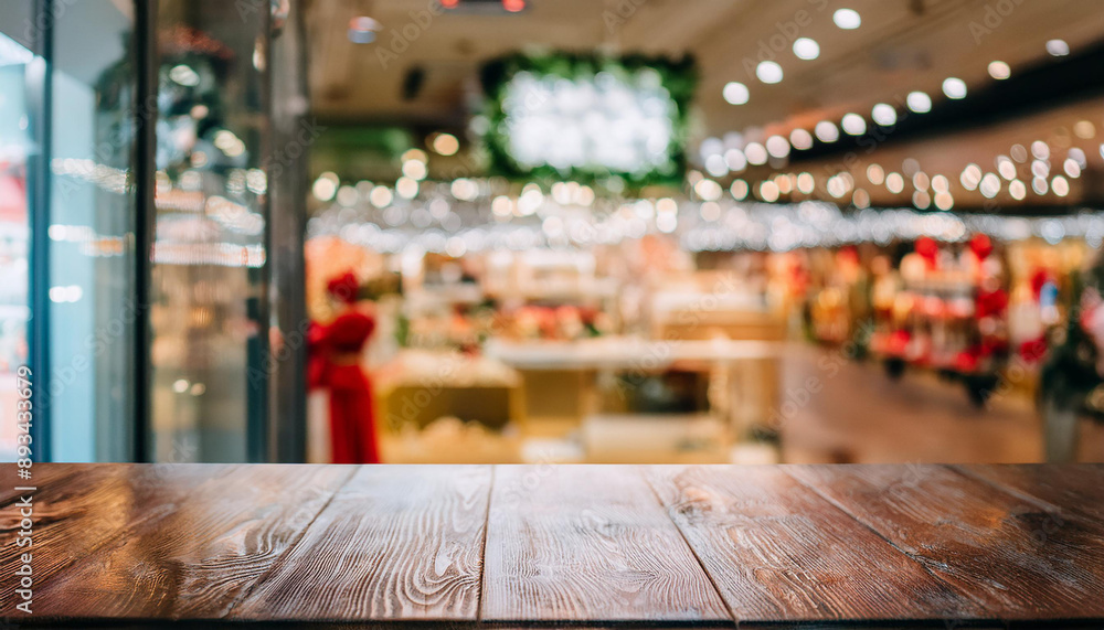 Blurred view of store interior, supermarket or retail shop. Empty table top for product presentation Blurred view of store interior, supermarket or retail shop. Empty table top for product presentation