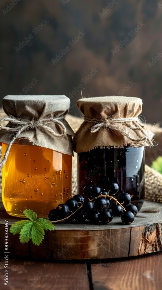 two jars, one with honey, and one with black currant, product photography two jars, one with honey, and one with black currant, product photography