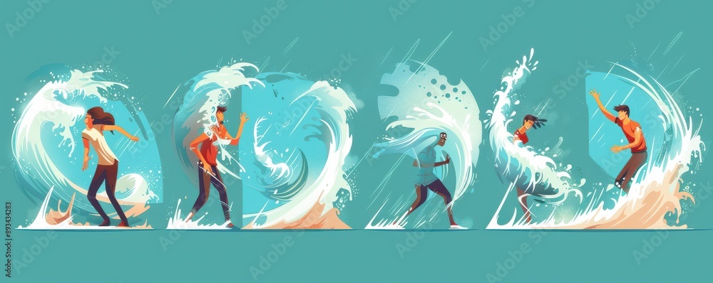 A series of people in various sports, including surfing, swimming, and running. A series of people in various sports, including surfing, swimming, and running.