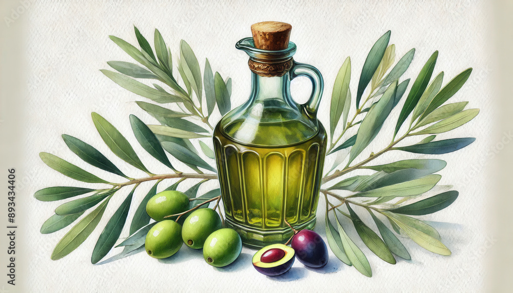 Glass bottle of olive oil with fresh green and black olives, surrounded by olive branches on a light background. Glass bottle of olive oil with fresh green and black olives, surrounded by olive branches on a light background.