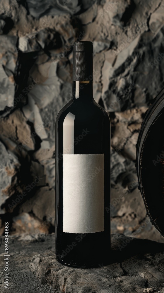 old bottle of dark wine with a simple white label, packaging design, stone wall background, cave old bottle of dark wine with a simple white label, packaging design, stone wall background, cave