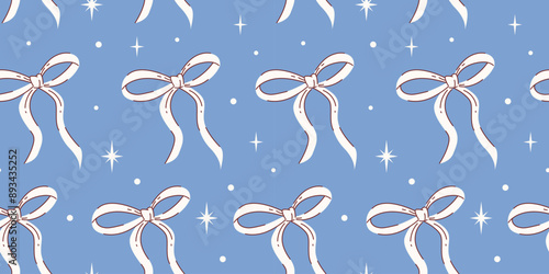 Cute simple seamless pattern with white vintage bows and stars on blue background. Simple trending illustration for printing on fabric, paper and more.
