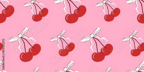 Cute simple vintage seamless pattern with cherries with bows. Sweet romantic illustration for printing on fabric, paper and more.