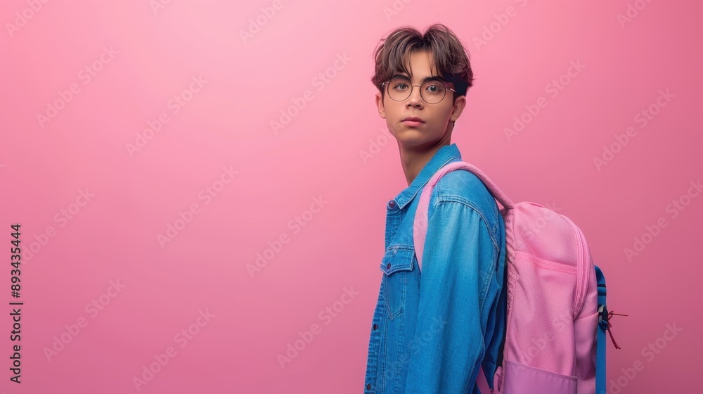 Young man wearing a blue shirt and pink backpack, standing against a pink background, looking to the side. Young man wearing a blue shirt and pink backpack, standing against a pink background, looking to the side.