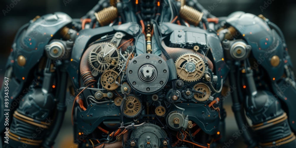 Close-up of a futuristic robot torso with intricate gears and mechanical components Close-up of a futuristic robot torso with intricate gears and mechanical components