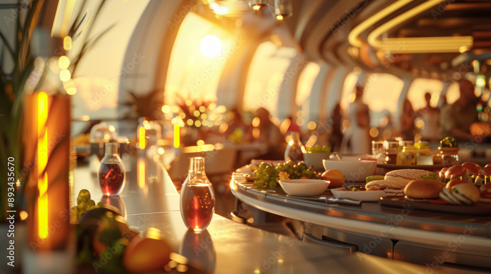 A modern kitchen where a robot android wearing an apron is cooking food while humans are sitting at the dining table and chatting, futuristic setting A modern kitchen where a robot android wearing an apron is cooking food while humans are sitting at the dining table and chatting, futuristic setting