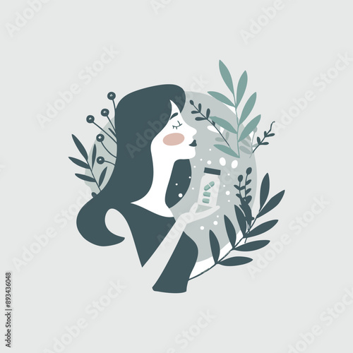 Woman holding a bottle of perfume. Vector illustration in flat style.