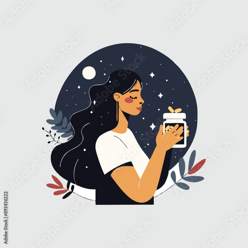 Woman holding a bottle of perfume. Vector illustration in flat style.