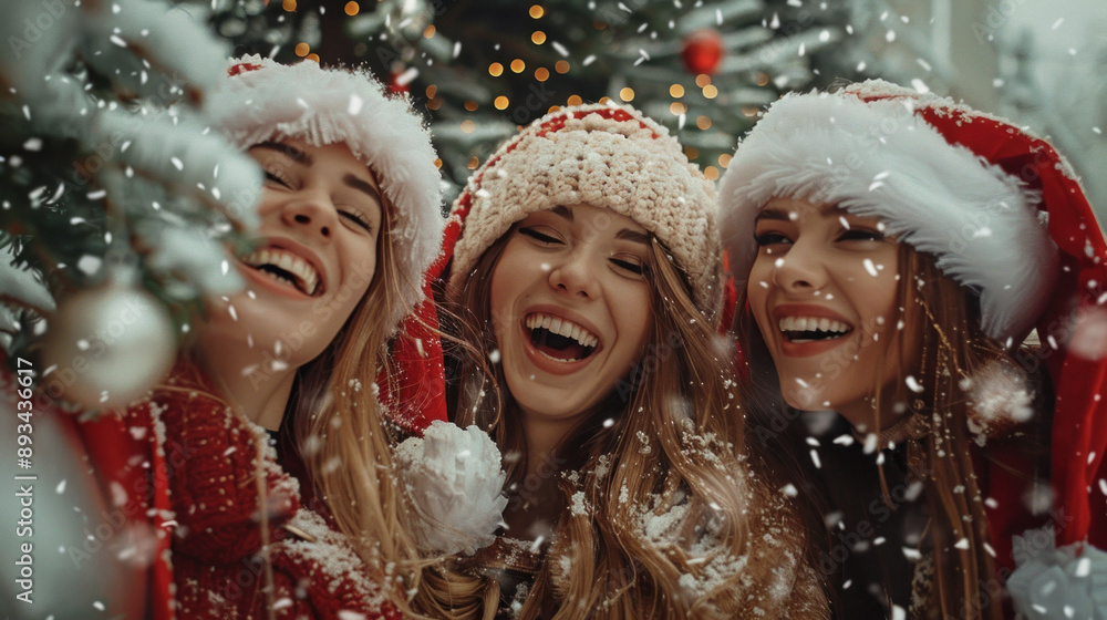 Few santa girls behind a christmas tree, laughing, very pleasant and beautiful Few santa girls behind a christmas tree, laughing, very pleasant and beautiful