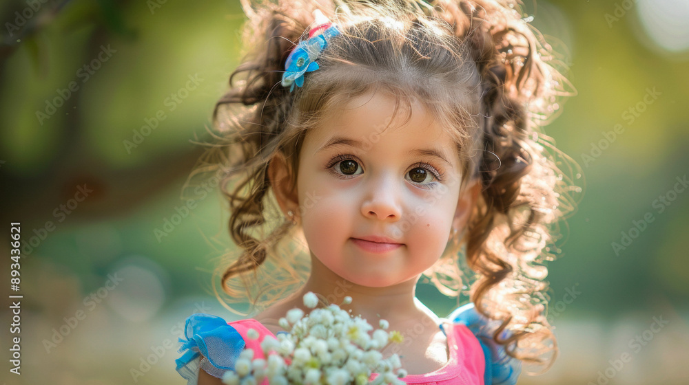 Kid girl holding a wedding bouquet outside, near the big oak tree Kid girl holding a wedding bouquet outside, near the big oak tree