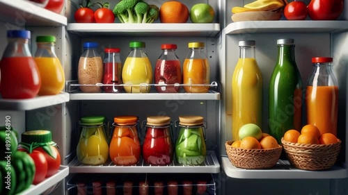 Wallpaper Mural A neatly organized refrigerator stocked with colorful fruits, vegetables, and beverages. Fresh produce like tomatoes and bell peppers are on the top shelf, with assorted juices and fruits Torontodigital.ca