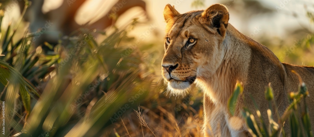 Obraz premium An African lioness elegantly poised in the wild on a sunlit savannah with a backdrop of lush foliage and a clear sky leaving room for copy space image
