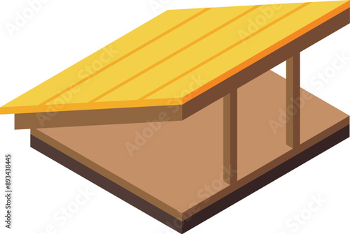 Simple wooden canopy with yellow roof on white background is being built