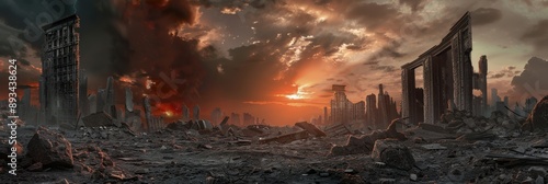 City Ruins: Apocalypse Sunset with Stormy Sky over War-Destroyed Landscape