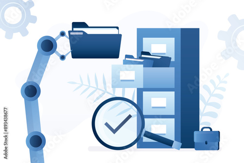 Chat bot with AI helps in quick files or media content search. Documents archiving, data storage. Robot arm take folder from large database. Open drawer with folders.