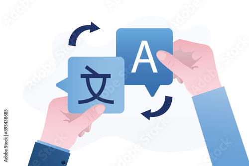 Human hands holding speech bubbles with language signs. Foreign language, online training, e-learning. Communication foreigners via Internet