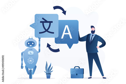 Male user and robot holding speech bubbles with language signs. Chat bot helps translate texts and messages. Foreign language course, app for online training, e-learning.