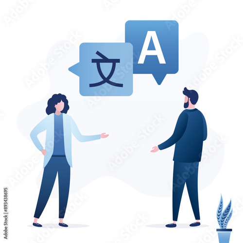 Man and woman talking, speech bubbles with language signs. Foreign language, online training, e-learning. Teacher and student. Communication foreigners via Internet.