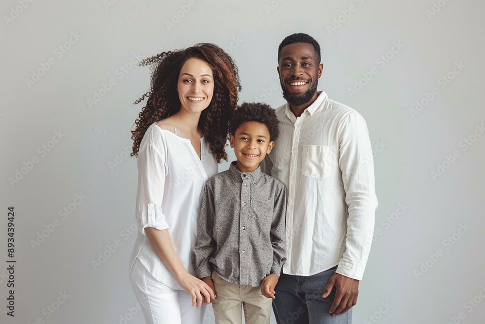 A happy family of three poses together against a plain background, dressed in casual attire, capturing a moment of togetherness and love. A happy family of three poses together against a plain background, dressed in casual attire, capturing a moment of togetherness and love.