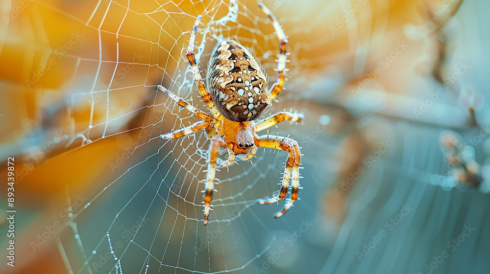 A vibrant spider sitting on a web with a bokeh background, showcasing the beauty and intricacy of nature's design. A vibrant spider sitting on a web with a bokeh background, showcasing the beauty and intricacy of nature's design.
