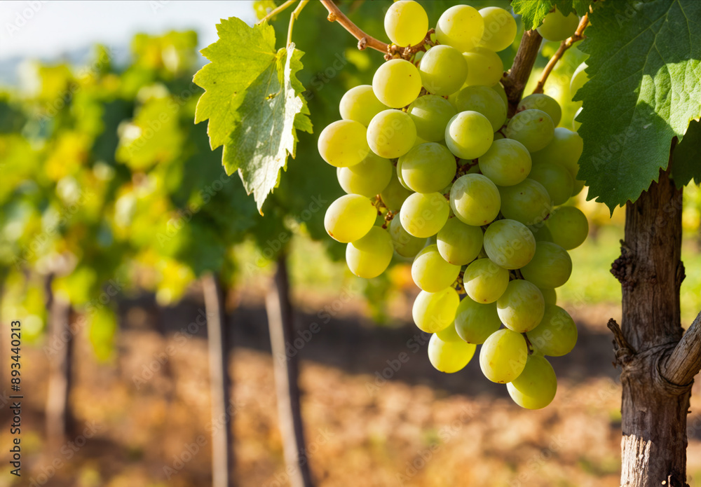 Fototapeta premium Close-up of a cluster of green grapes hanging on a vine in a vineyard, bathed in sunlight and surrounded by lush foliage