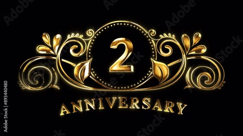 2nd Anniversary Celebration. Happy 2 Years Anniversary Animation in Gold Color on the Transparent Background, Alpha Channel. Great for greetings, celebrations, events, and gifts.
