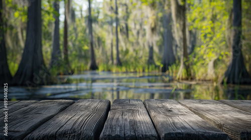 close up of rustic empty wooden table with blurred Louisiana swamp background