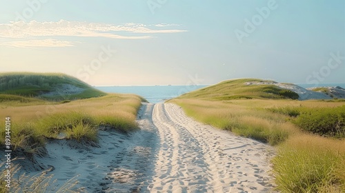 Fototapeta Naklejka Na Ścianę i Meble -  A beach path leading to grassy hills, a sandy road with bicycle tracks in the sand and green grass, a clear sky, a sandy ground, a grassy field. Generative AI.