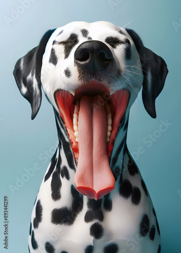 Dalmation dog yawning on a blue background