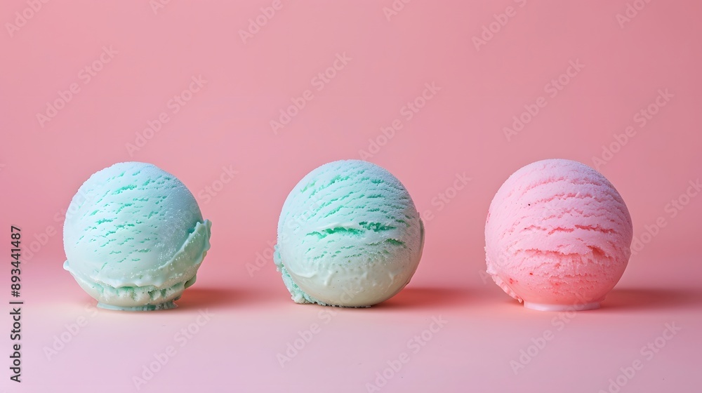A photograph of three ice cream balls, each in a different color. A photograph of three ice cream balls, each in a different color.