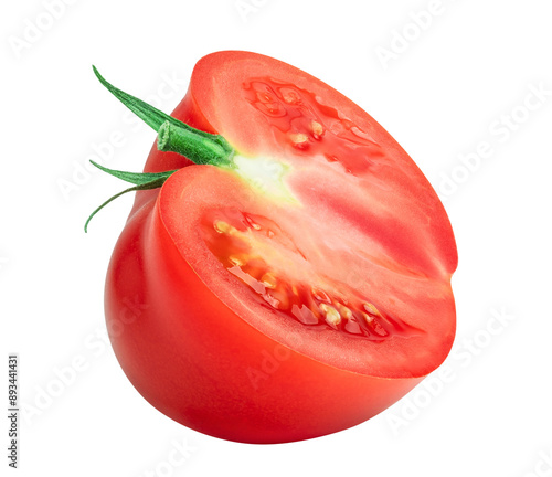 Tomato vegetable isolated on white or transparent background. Cut half of fresh tomato photo