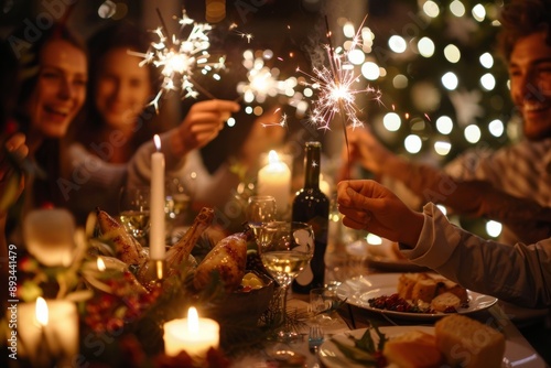 Capture the festive celebration and joyous ambiance of an intimate dinner party with sparklers, candles, and warm decor, creating a comfortable, cozy, and cheerful atmosphere for friends to enjoy
