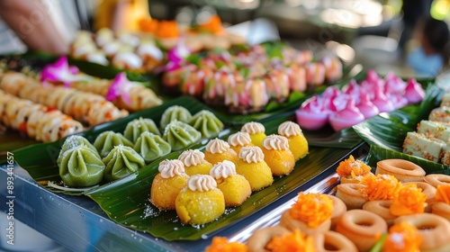 Vibrant display of Thai desserts including khanom chan and luk chup at a food festival. photo