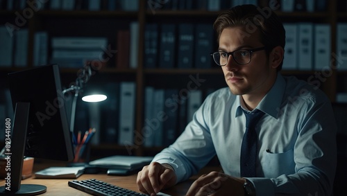 Businessman, glasses and working at night in office with computer for administration, planning and research. Accountant, tech and commitment in workplace for accounting, budget and financial audit