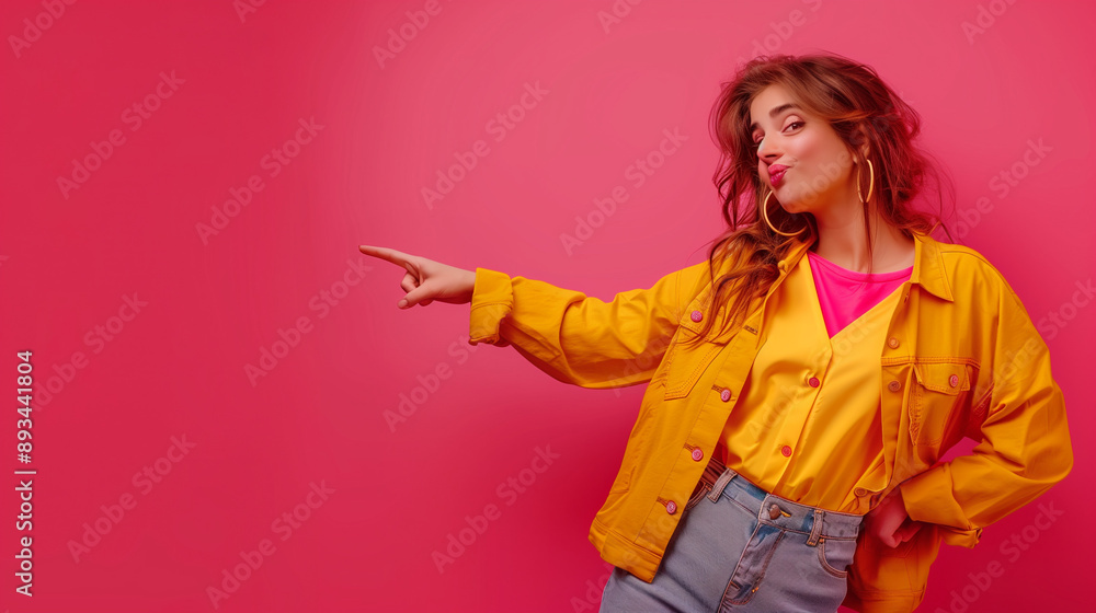 Portrait of a beautiful woman pointing her fingers isolated on a pastel background.