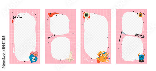Happy Halloween set for social media stories design templates, fall backgrounds for banners. Vector stock design in flat style with voodoo doll, eye, scythe of death, cross