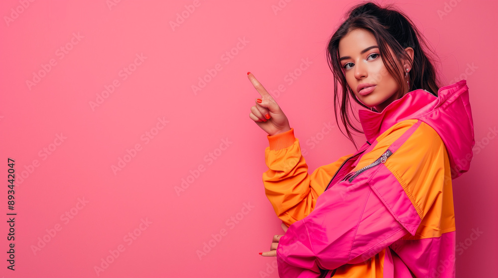 Portrait of a beautiful woman pointing her fingers isolated on a pastel background. Portrait of a beautiful woman pointing her fingers isolated on a pastel background.
