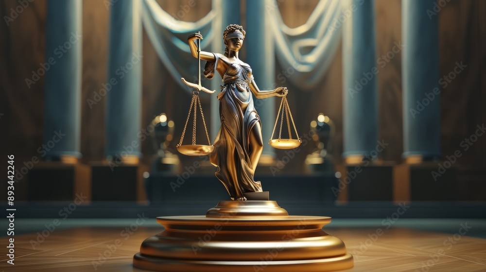 A justice scale for the lawyer's day. A 3D set of Lady Justice's bronze statue. A justice scale for the lawyer's day. A 3D set of Lady Justice's bronze statue.