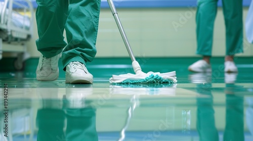 Lower body of a person in green scrubs and white shoes mopping a shiny hospital floor